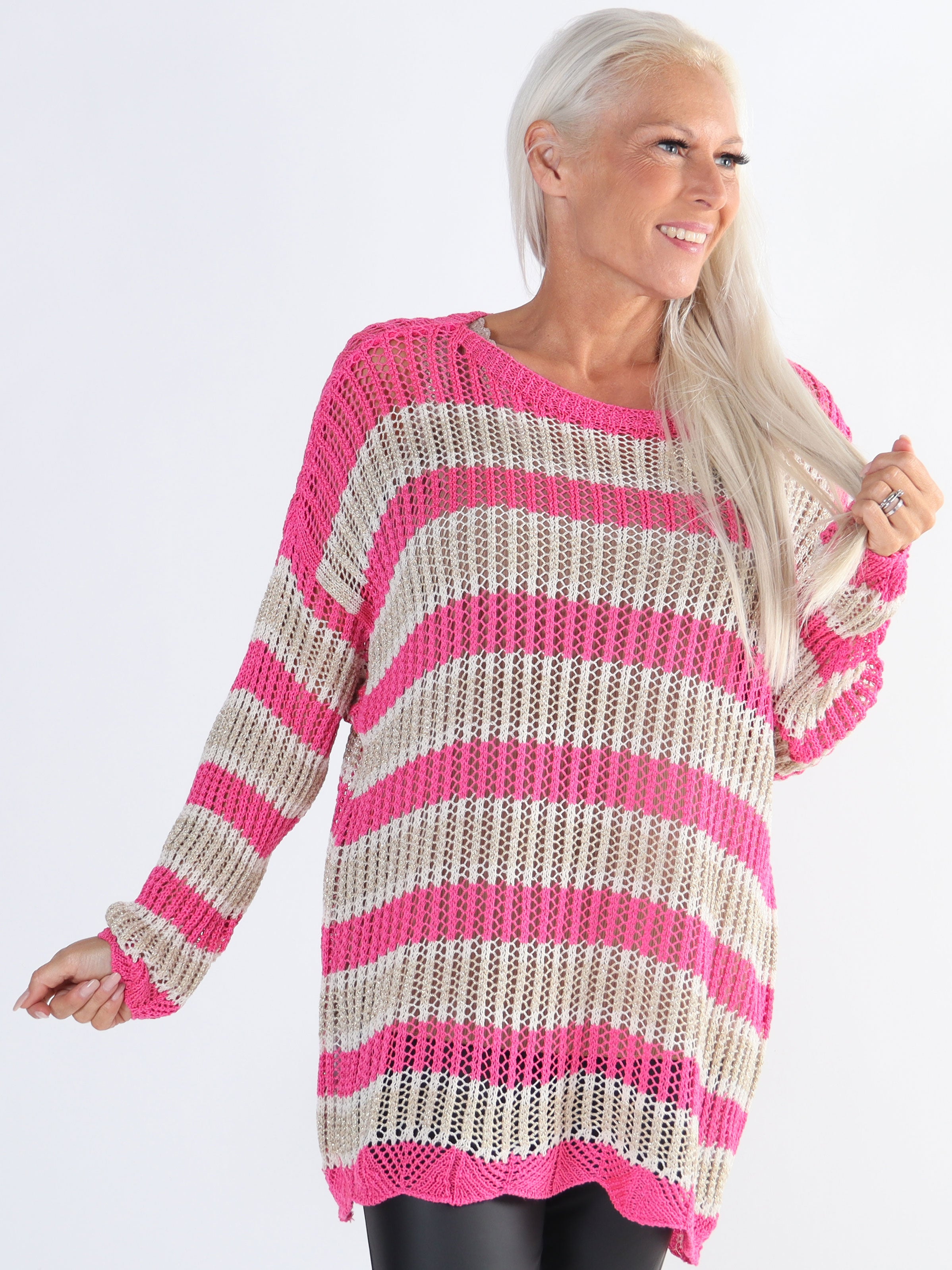 Ania - Plus size stribet strikbluse med huller